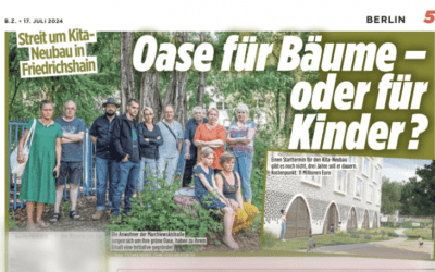 B.Z. Berlin: „Kita-Neubau bedroht Ruhe-Oase in Friedrichshain“ (BI10243)